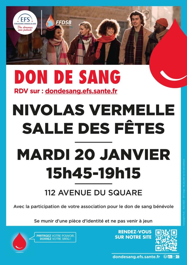 🧡 Don du Sang à Nivolas Vermelle le mardi 20 Janvier 2026